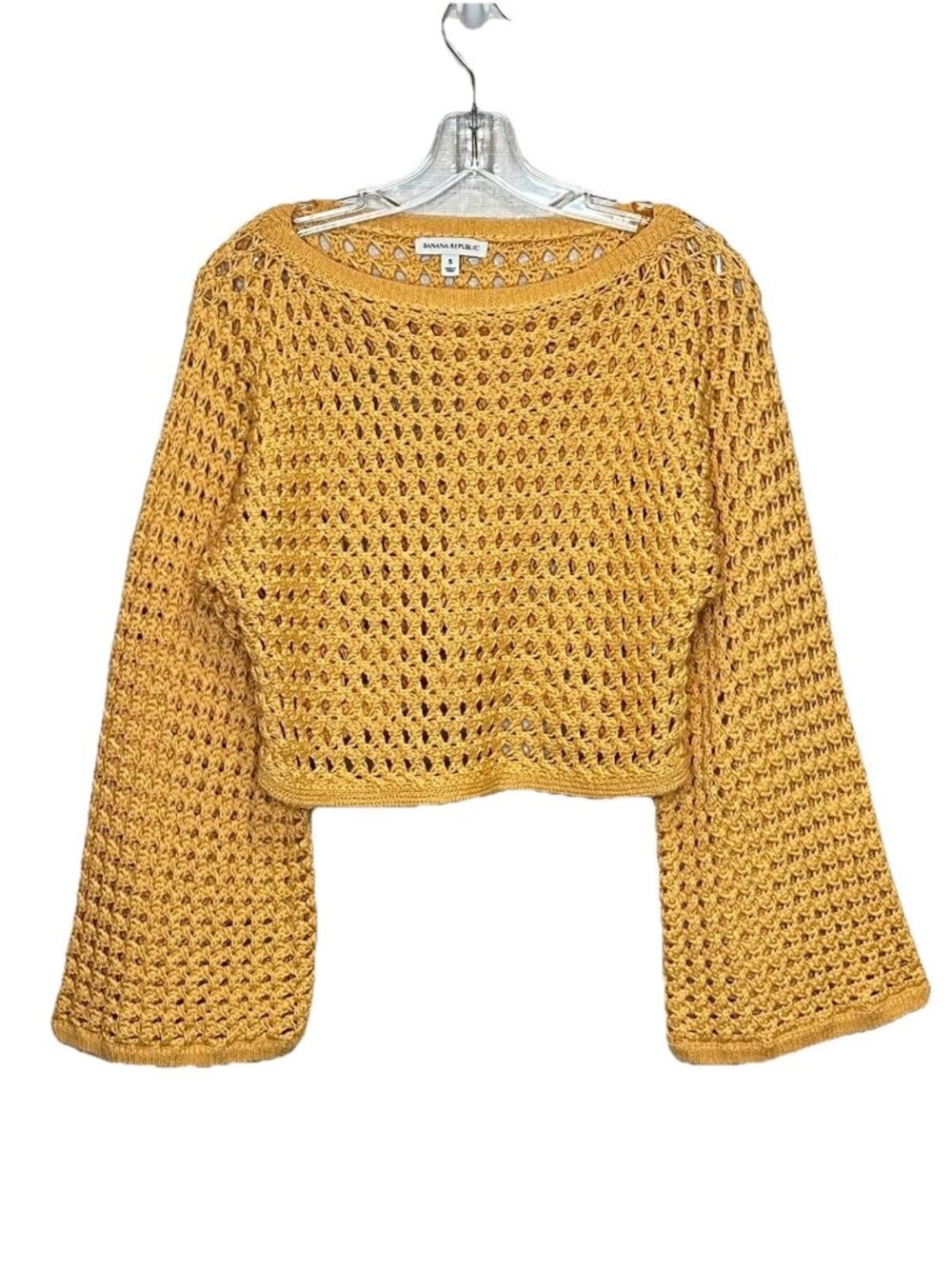 Banana Republic Mustard Yellow Crochet Open Knit Bell Sleeve Cropped Sweater S